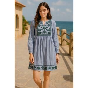 Lili's Closet Anthropologie Blue White Stripe Embroidered Cotton Dress - Small